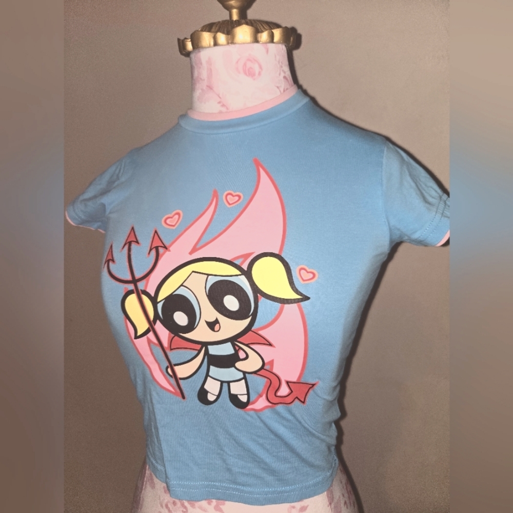 Blue and Pink Power Puff Girls Cartoon Graphic Cropped Tee